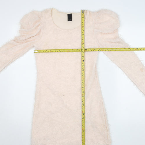 Vila Women Beige Knit Bodycon Dress Size S Puff Sleeve