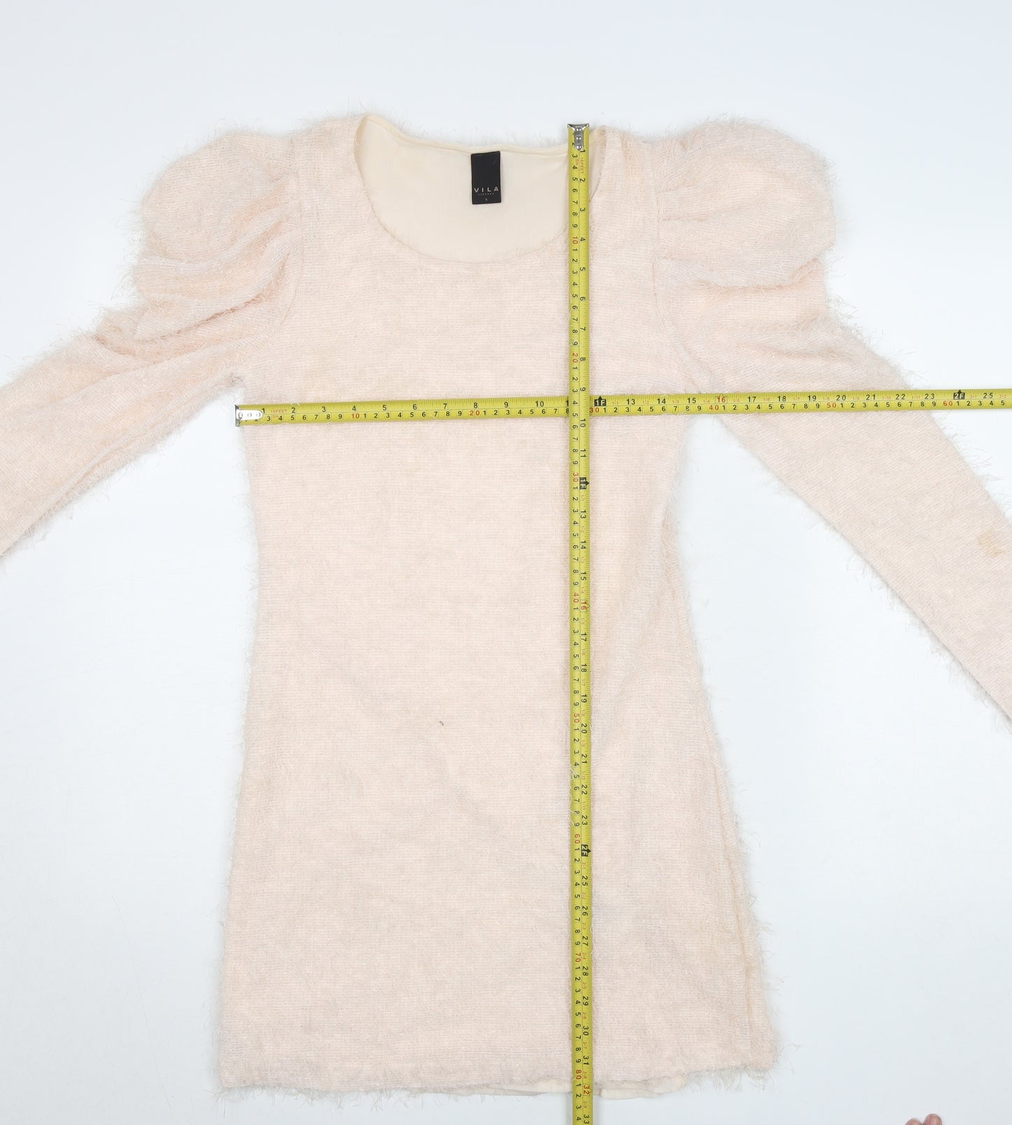 Vila Women Beige Knit Bodycon Dress Size S Puff Sleeve