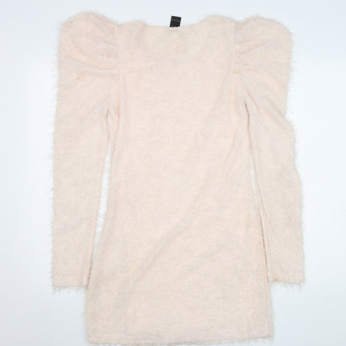 Vila Women Beige Knit Bodycon Dress Size S Puff Sleeve