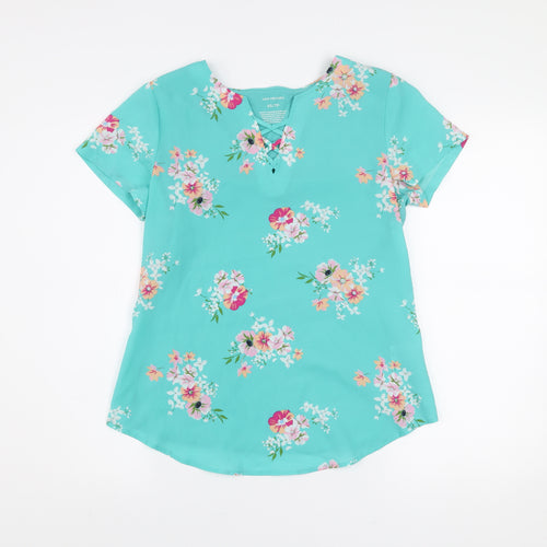 Van Heusen Women's Blue Floral V-Neck Short Sleeve Tunic Blouse XS