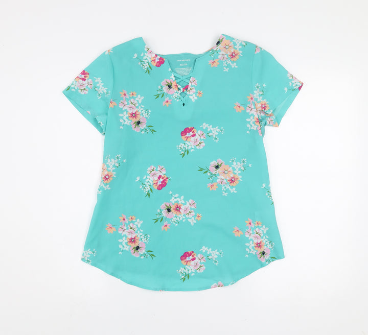 Van Heusen Women's Blue Floral V-Neck Short Sleeve Tunic Blouse XS