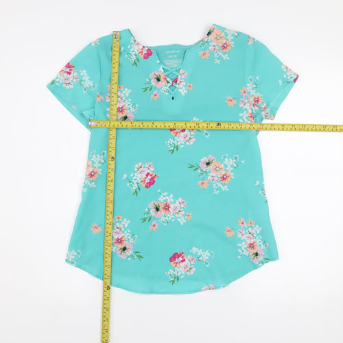 Van Heusen Women's Blue Floral V-Neck Short Sleeve Tunic Blouse XS