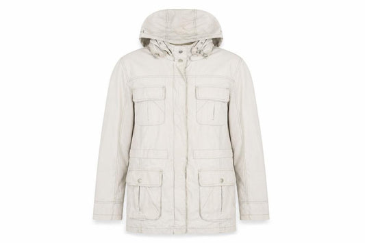 Front view of Bonmarché Women Beige Cotton Hooded Parka Jacket, size L