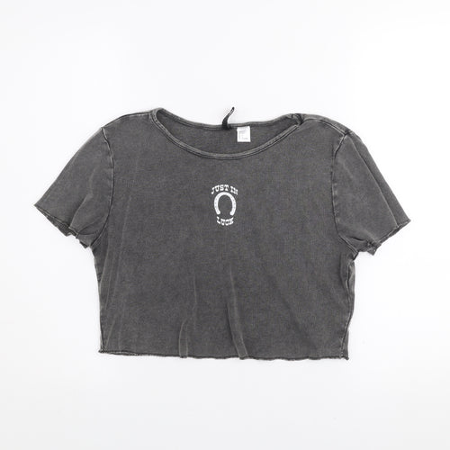 H&M Divided Womens Grey Cropped T-Shirt L Short Sleeve Casual 100% Cotton