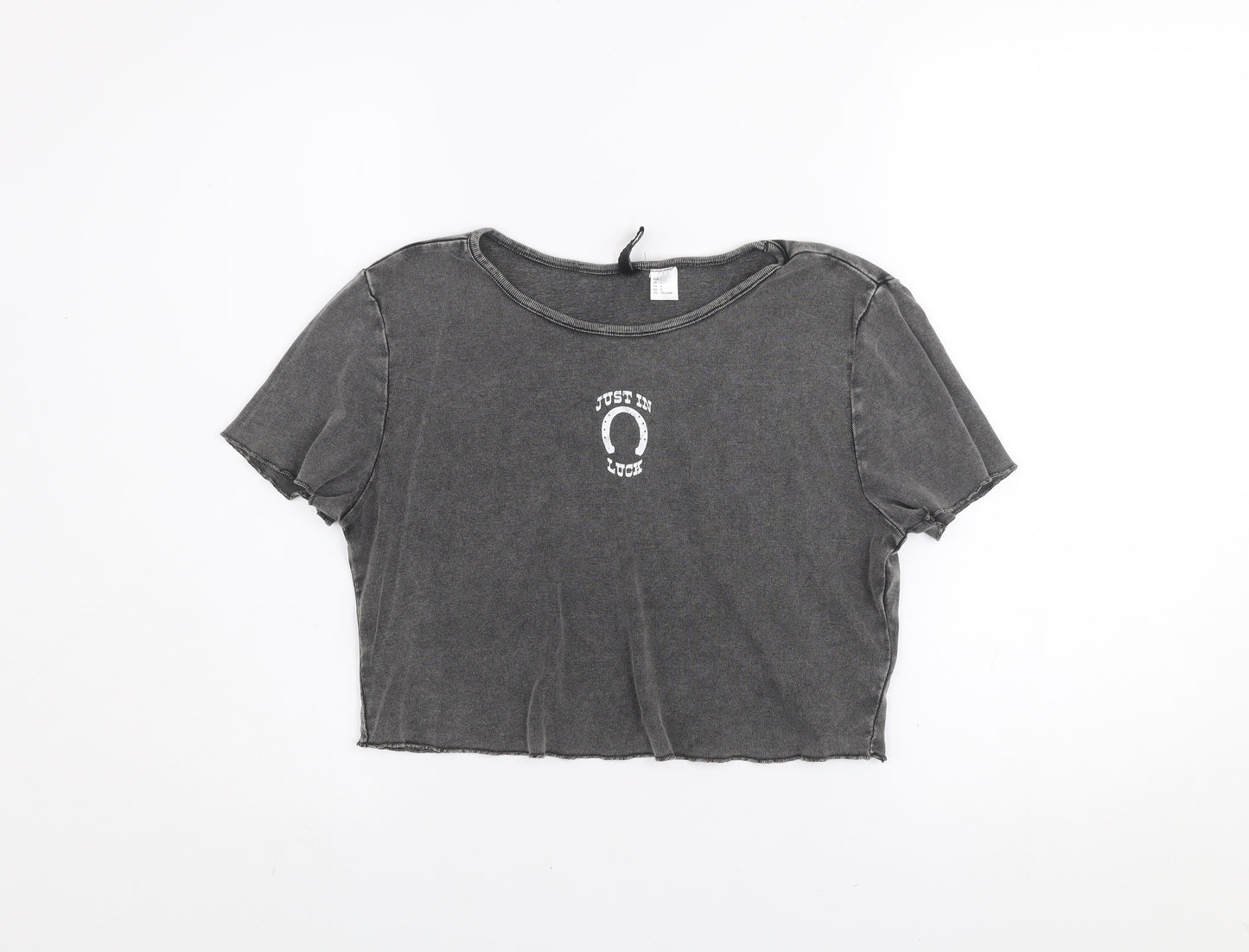 H&M Divided Womens Grey Cropped T-Shirt L Short Sleeve Casual 100% Cotton