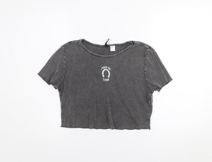 H&M Divided Womens Grey Cropped T-Shirt L Short Sleeve Casual 100% Cotton