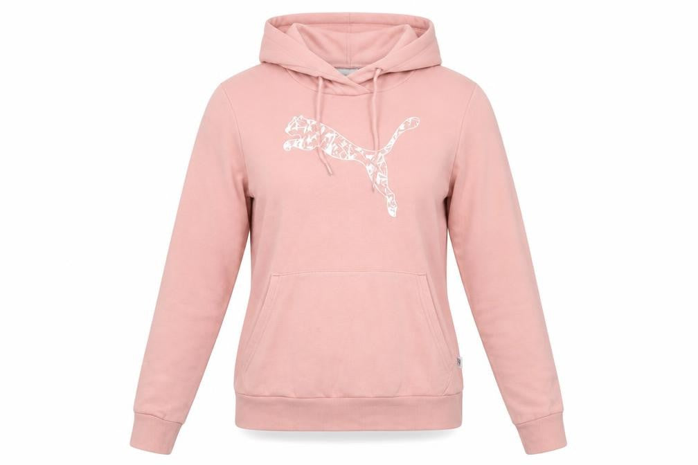 Front view of Puma Women Pink Pullover Hoodie Small Cotton Blend Logo Print