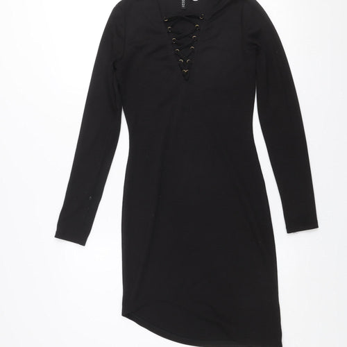 H&M Divided Women’s Black Bodycon Lace-Up V-Neck Dress Size 8