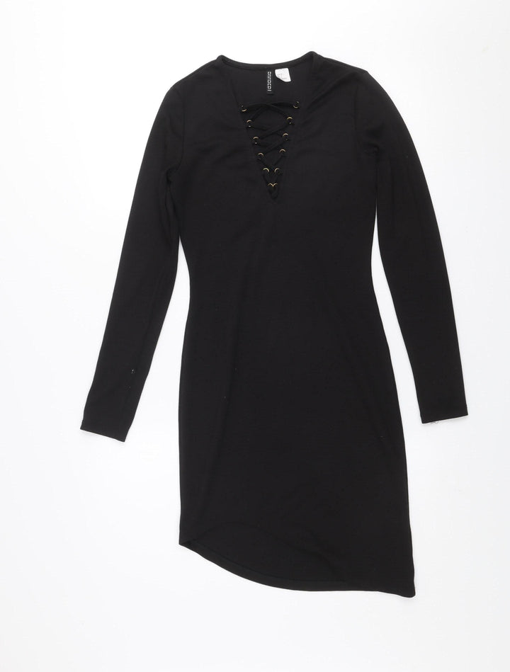 H&M Divided Women’s Black Bodycon Lace-Up V-Neck Dress Size 8