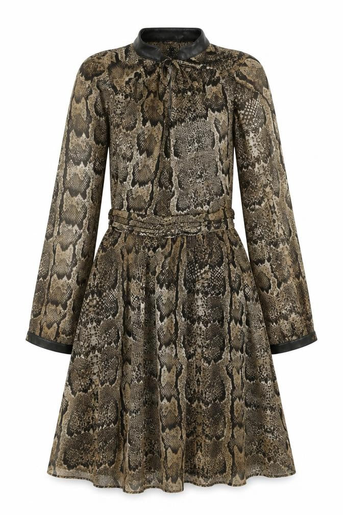 H&M Women's Brown Snake Print A-Line Dress Size 8 Long Sleeve