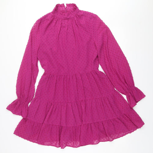Ivy Lane Women Pink High Neck Long Sleeve Ruffle A-Line Dress Size 10