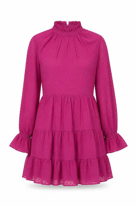 Front view of Ivy Lane Women Pink High Neck Long Sleeve Ruffle A-Line Dress, size 10