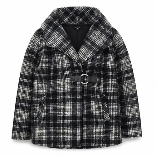 Eivissa Women Black Check Belted Mid-Length Fleece Coat L