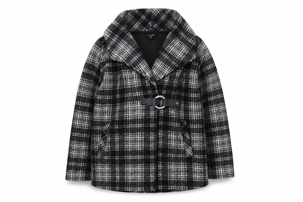 Eivissa Women Black Check Belted Mid-Length Fleece Coat L