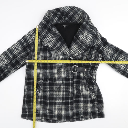 Eivissa Women Black Check Belted Mid-Length Fleece Coat L