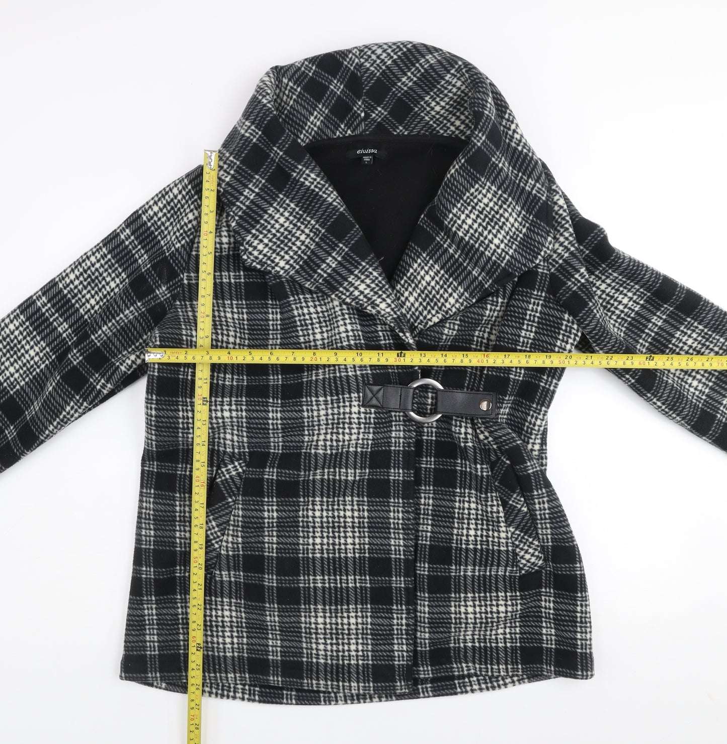 Eivissa Women Black Check Belted Mid-Length Fleece Coat L