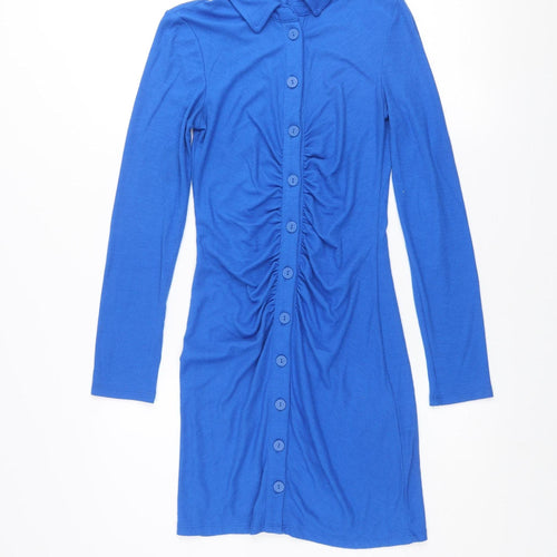 Stradivarius Women Blue Collared Button Shirt Dress Size S
