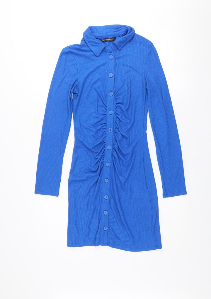 Stradivarius Women Blue Collared Button Shirt Dress Size S