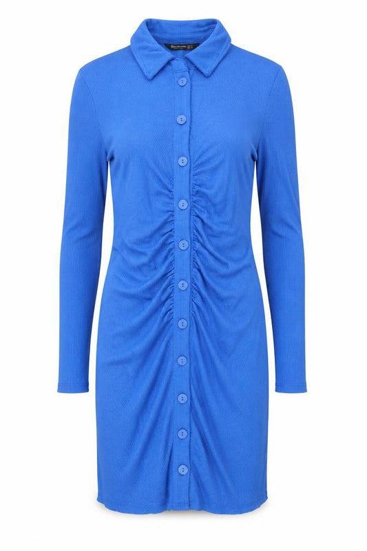 Front view of Stradivarius Women Blue Collared Button Shirt Dress, size S