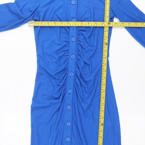 Stradivarius Women Blue Collared Button Shirt Dress Size S