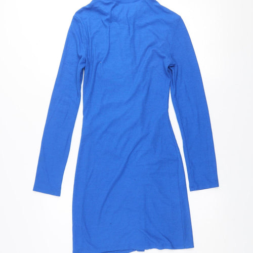 Stradivarius Women Blue Collared Button Shirt Dress Size S