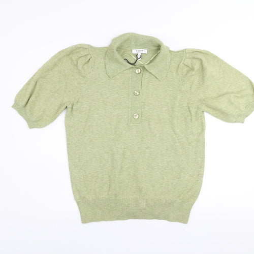 b.young Women’s Green Collared Henley Knit Short Sleeve Jumper L
