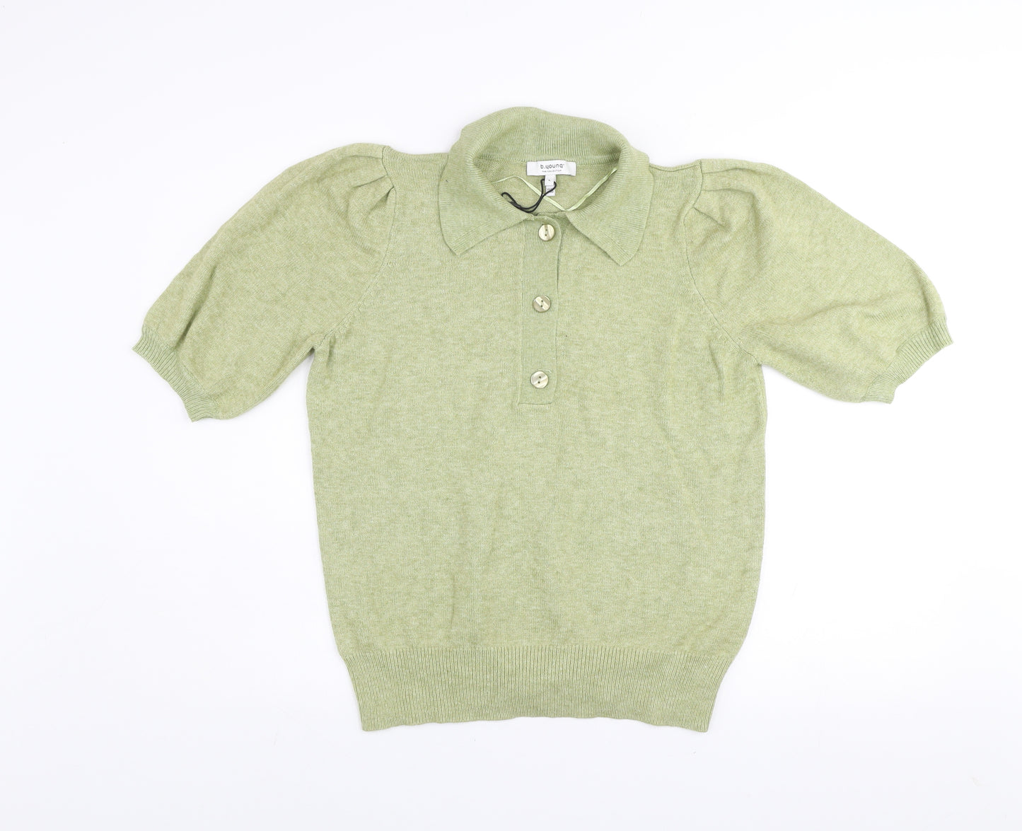 b.young Women’s Green Collared Henley Knit Short Sleeve Jumper L