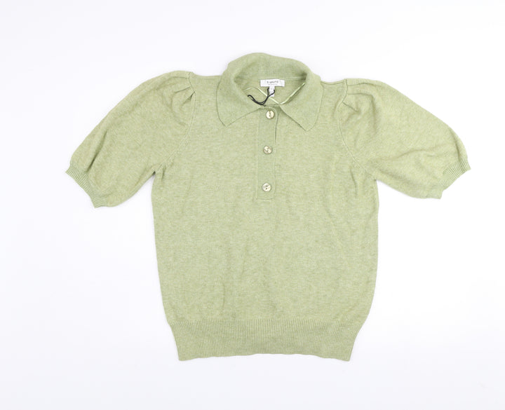 b.young Women’s Green Collared Henley Knit Short Sleeve Jumper L