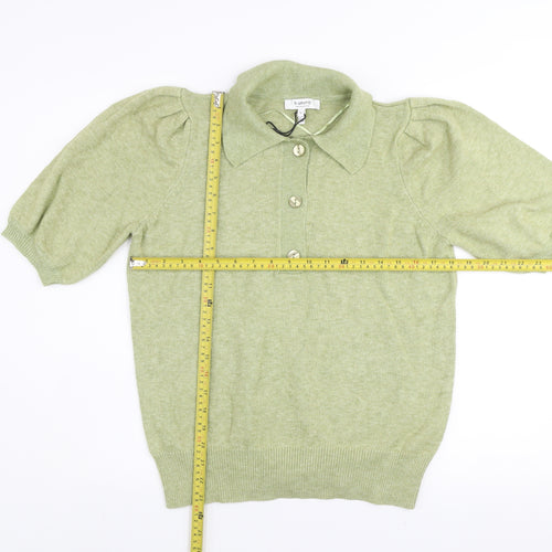 b.young Women’s Green Collared Henley Knit Short Sleeve Jumper L