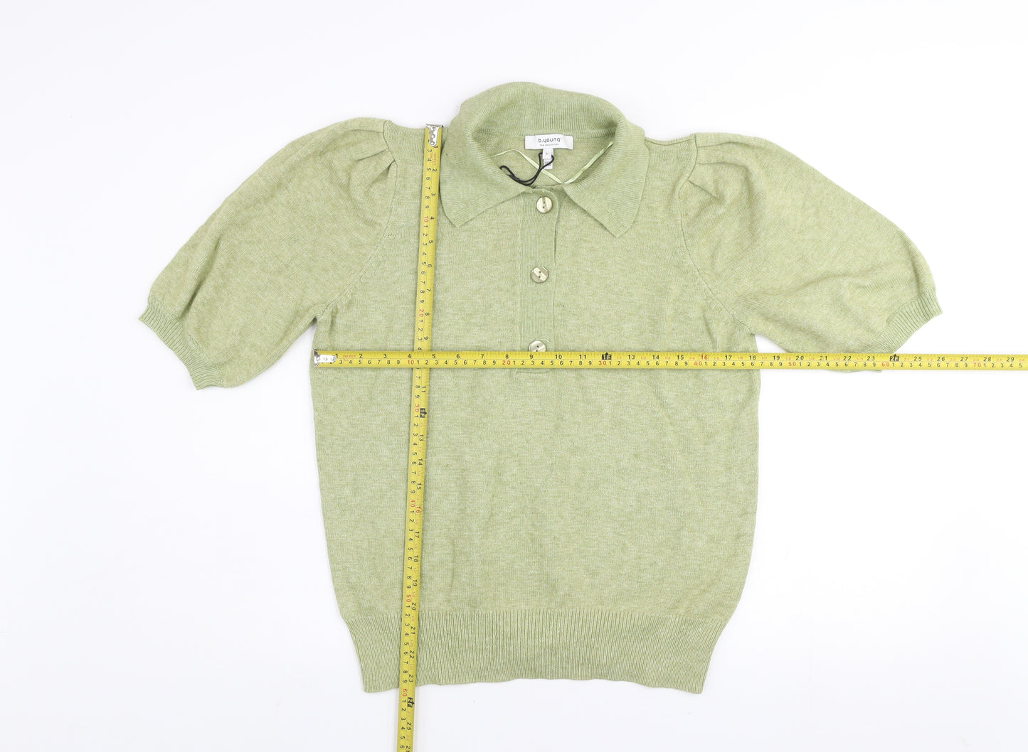 b.young Women’s Green Collared Henley Knit Short Sleeve Jumper L