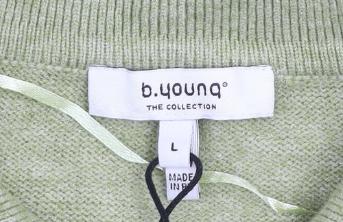 b.young Women’s Green Collared Henley Knit Short Sleeve Jumper L