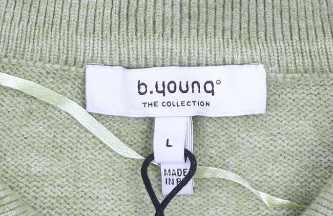 b.young Women’s Green Collared Henley Knit Short Sleeve Jumper L