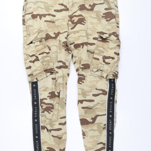 SIKSILK Men's Beige Camouflage Slim Tapered Jeans Size L