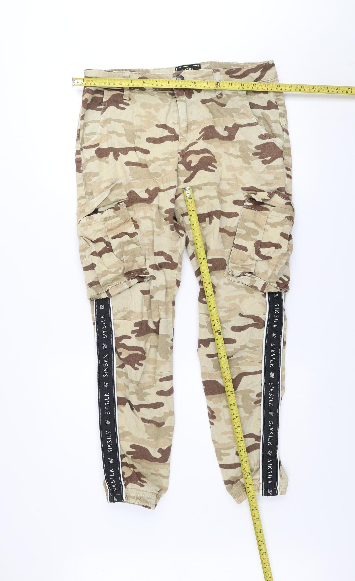 SIKSILK Men's Beige Camouflage Slim Tapered Jeans Size L