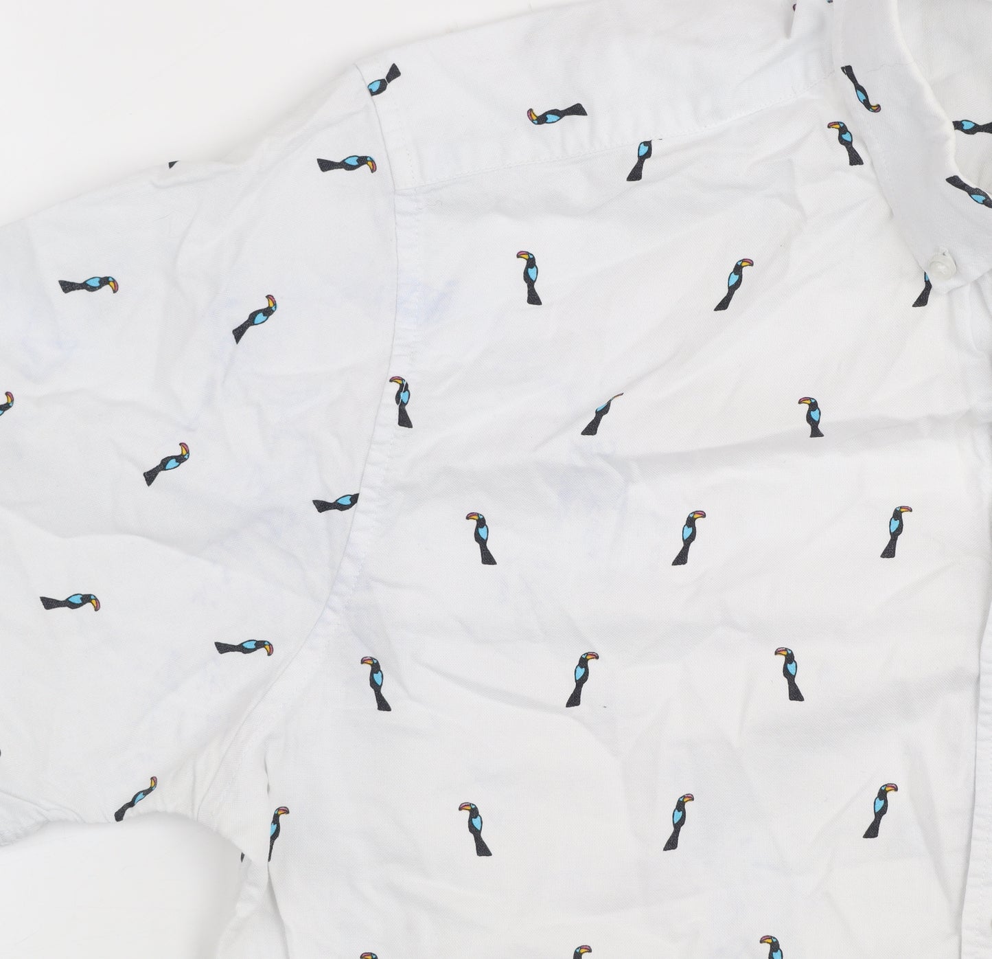 Dunnes Stores Men's White Toucan Print Short Sleeve Oxford Shirt XL