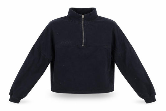 Front view of Bo+Tee Women's Black 1/2 Zip Pullover Sweatshirt, size M, Cotton Blend