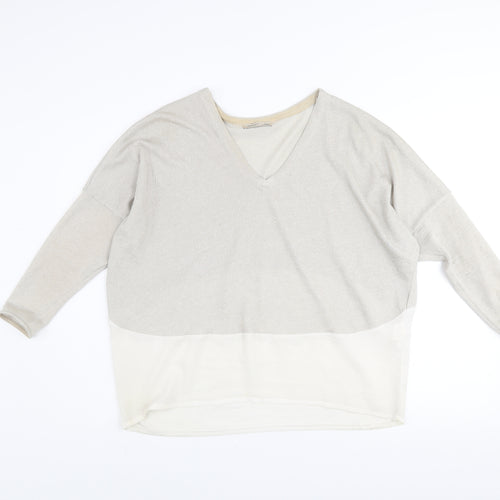 Zara Women Beige V-Neck Relaxed Knit Pullover Jumper Size M