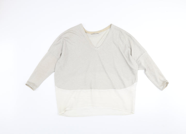 Zara Women Beige V-Neck Relaxed Knit Pullover Jumper Size M