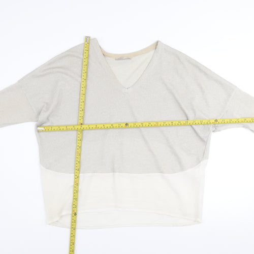 Zara Women Beige V-Neck Relaxed Knit Pullover Jumper Size M