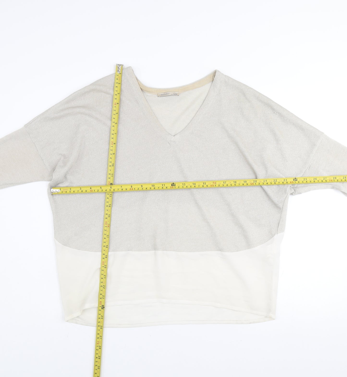 Zara Women Beige V-Neck Relaxed Knit Pullover Jumper Size M