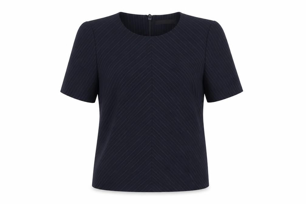 Front view of Next Women’s Black Pinstripe Short Sleeve Blouse, size UK 12