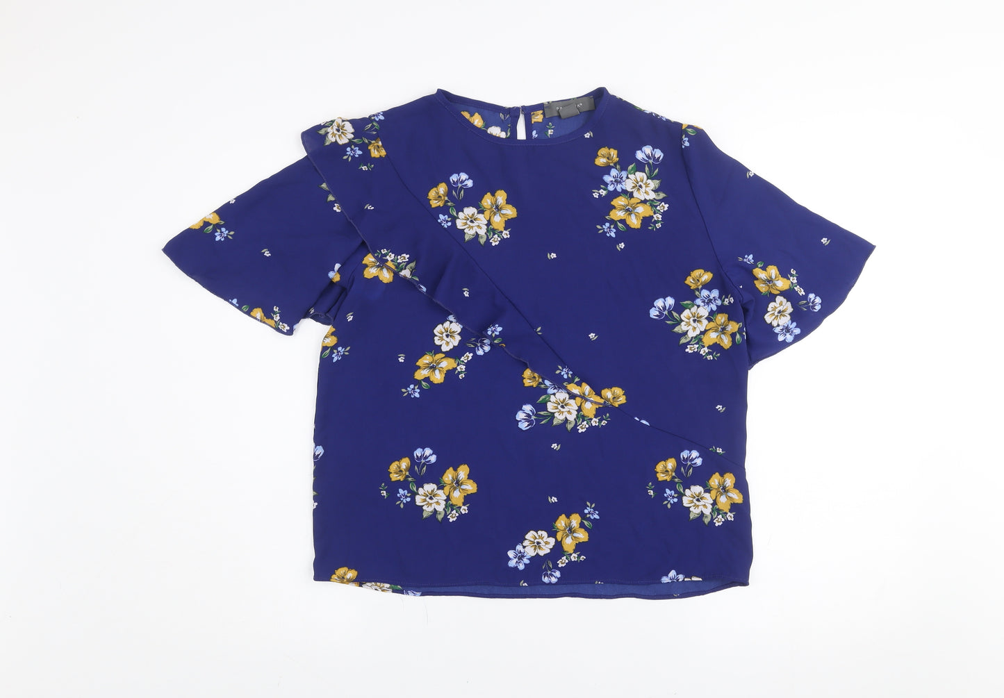 Primark Women's Blue Floral Ruffle Short Sleeve Tunic Blouse Size 10