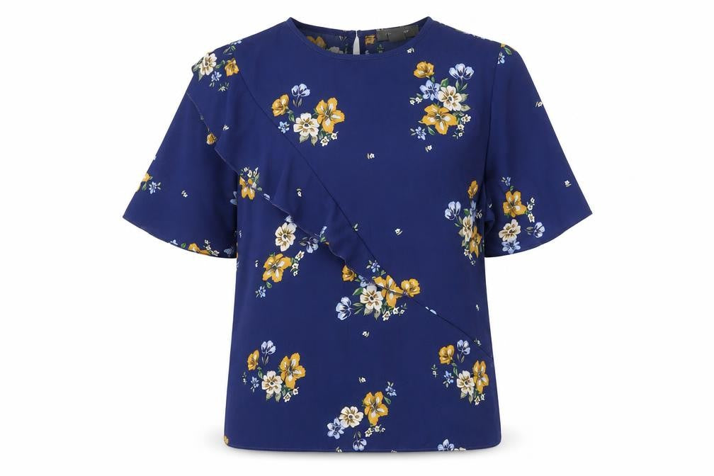 Front view of Primark Women's Blue Floral Ruffle Short Sleeve Tunic Blouse, size 10