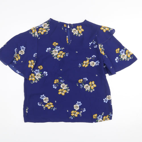 Primark Women's Blue Floral Ruffle Short Sleeve Tunic Blouse Size 10