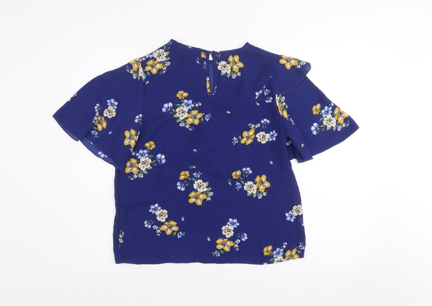 Primark Women's Blue Floral Ruffle Short Sleeve Tunic Blouse Size 10
