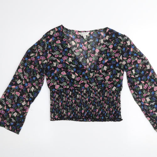 Miss Selfridge Womens Multicoloured Floral Long Sleeve V-Neck Cropped Blouse UK 10