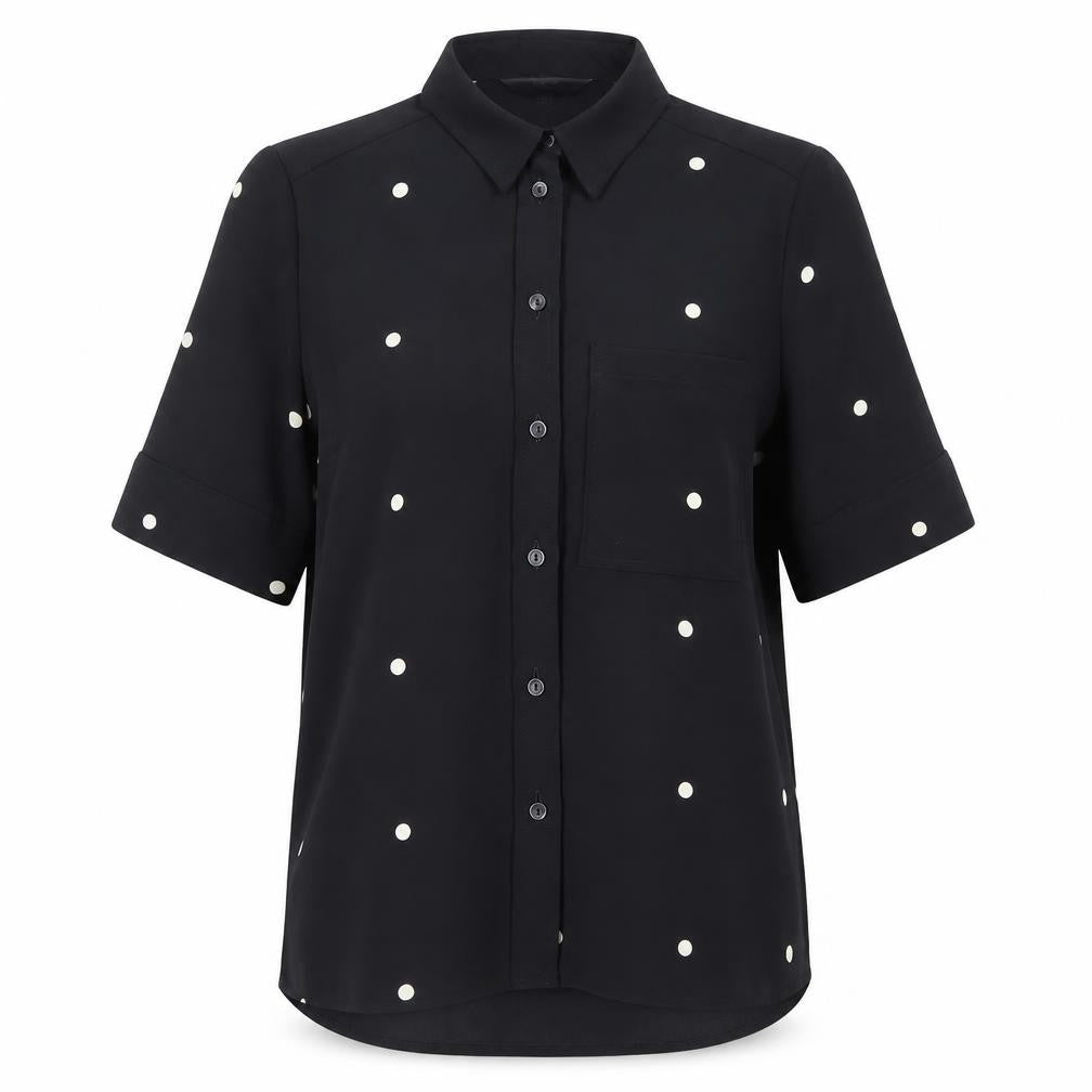 Front view of Next Women's Black Polka Dot Short Sleeve Button-Up Blouse UK 10