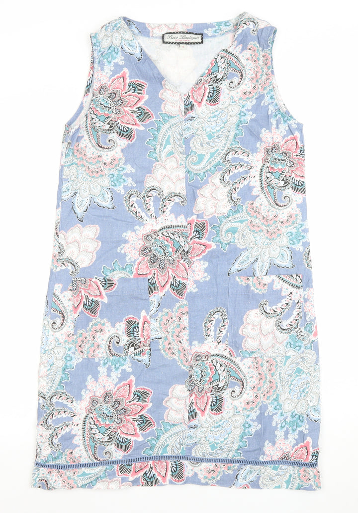 Paco Boutique Women Blue Paisley Linen Cotton Sleeveless Shift Dress Size 12
