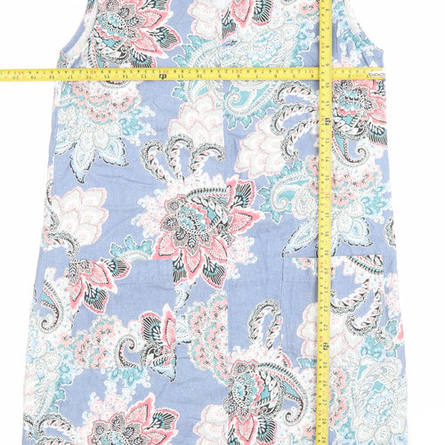 Paco Boutique Women Blue Paisley Linen Cotton Sleeveless Shift Dress Size 12
