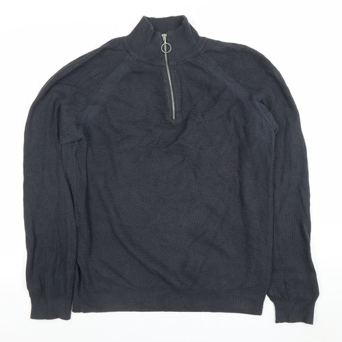 Friday Casual Men's Blue Cotton Half Zip Jumper L Waffle Knit